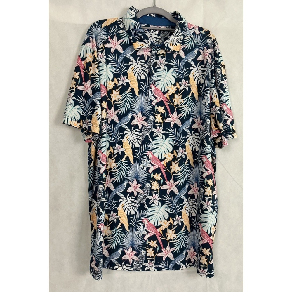 Izod Golf Shirt Mens XL Blue Tropical Floral Parrot Polo Performance Stretch